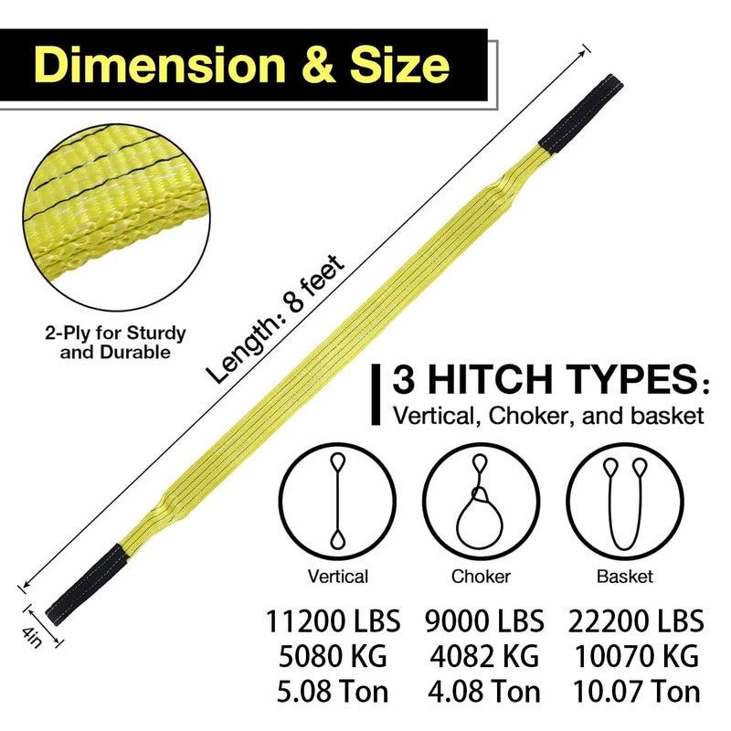 sumpluct 4"x8' 2-Ply Heavy Duty Lifting Sling Straps 11200 lbs Vertical Lifting Straps with Flat Eyes, Recovery lifting Tree Saver Strap for Hoisting, Winch, Truck, Towing Off-road Vehicles Equipment - Image 2
